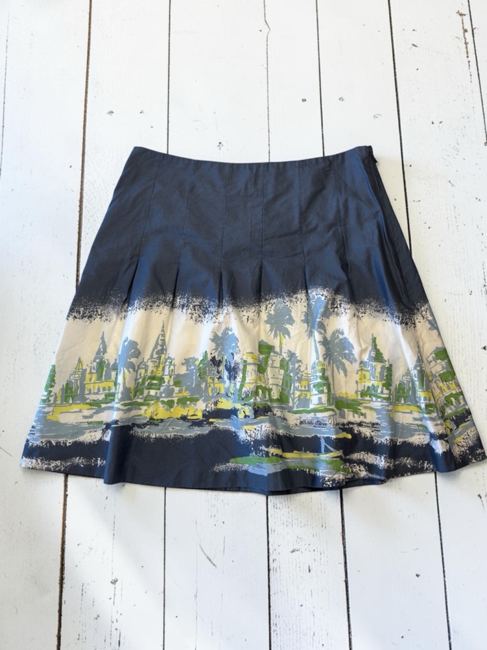 Old Navy Navy Blue Printed Skater Skirt with Cream & Green Border